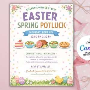May include: Easter Spring Potluck invitation with colorful polka dots and illustrations of food. The invitation includes the date, time, and location, with a Canva instant download option. RSVP by April 1st.