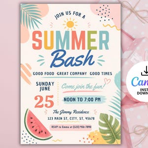 Può includere: Un invito colorato per una festa estiva, con il testo "SUMMER Bash" in vari font e colori. Include dettagli come la data, l'ora e il luogo, insieme a un'illustrazione di anguria e foglie tropicali.