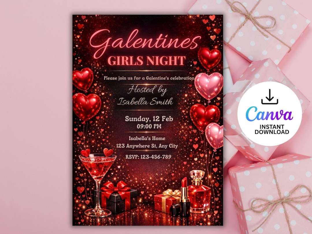 Galentine's Girls Night Invitation, Valentine's Dinner, Editable Canva ...