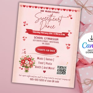 May include: A pink flyer for a Sweetheart Dance, featuring a banner with the event name and date. The flyer includes details about the location, time, and activities, such as music, games, and a photo booth. A bouquet of flowers and hearts decorate the flyer.