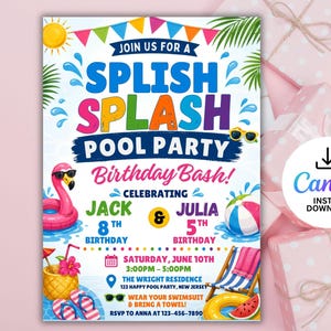 Editable Splish Splash Pool Party Birthday Invitation,Pool Party Birthday Siblings Twins Double Celebration Digital Printable