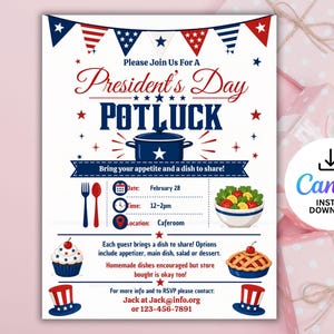 Mall för patriotisk knytkalas-flyer, inbjudan till knytkalas-flyer, inbjudan till grannskapsfest, flygblad för Presidents Day-fest, inbjudan till gemensam lunch.
