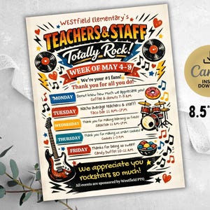 Peut inclure: Une affiche crème avec le texte "Teachers & Staff Totally Rock !" présente des éléments musicaux tels que des disques vinyles, des notes de musique et une guitare. L'affiche répertorie les événements d'appréciation quotidiens pour les enseignants pendant la semaine du 4 au 9 mai, avec une option de téléchargement instantané Canva.