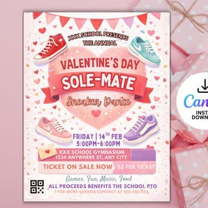 May include: A pink and red Valentine's Day flyer with the text "Valentine's Day Sole-Mate Sneaker Dance." The flyer features illustrations of sneakers in red, blue, pink, and purple. The event is on February 14th from 5:00 PM to 6:00 PM.