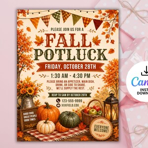 Editable Fall Potluck Flyer, Autumn Party Printable (Canva Template)