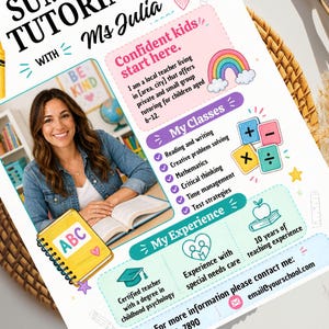 Op de afbeelding: Een kleurrijke flyer voor bijlesdiensten met de tekst "Summer Tutoring with Ms Julia." De flyer bevat een foto van een lachende vrouw, kleurpotloden en een regenboog. Het vermeldt cursussen en ervaring.