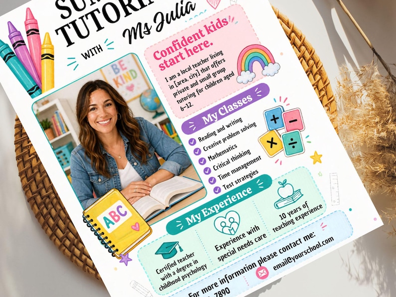 Op de afbeelding: Een kleurrijke flyer voor bijlesdiensten met de tekst "Summer Tutoring with Ms Julia." De flyer bevat een foto van een lachende vrouw, kleurpotloden en een regenboog. Het vermeldt cursussen en ervaring.