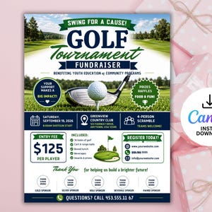 Könnte beinhalten: Ein Flyer für ein Golf-Benefizturnier mit einem Golfball auf einem Tee, einem grünen Platz im Hintergrund und Text wie Swing for a Cause, Golf Tournament Fundraiser, 15. September 2026, Greenview Country Club und 125 $ Startgebühr.