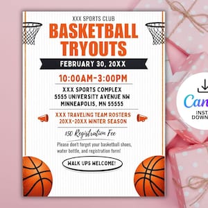 Op de afbeelding: Een basketbal try-outs flyer met oranje en zwarte tekst op een witte achtergrond. De flyer bevat basketbalringen, basketballen en de tekst "Basketball Tryouts" en evenementdetails. Het Canva instant download logo staat rechtsonder.