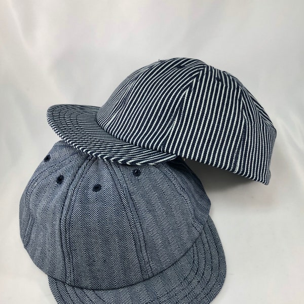 Herringbone or hickory stripe or solid denim eight panel caps. Short visor. Absolutely any size.