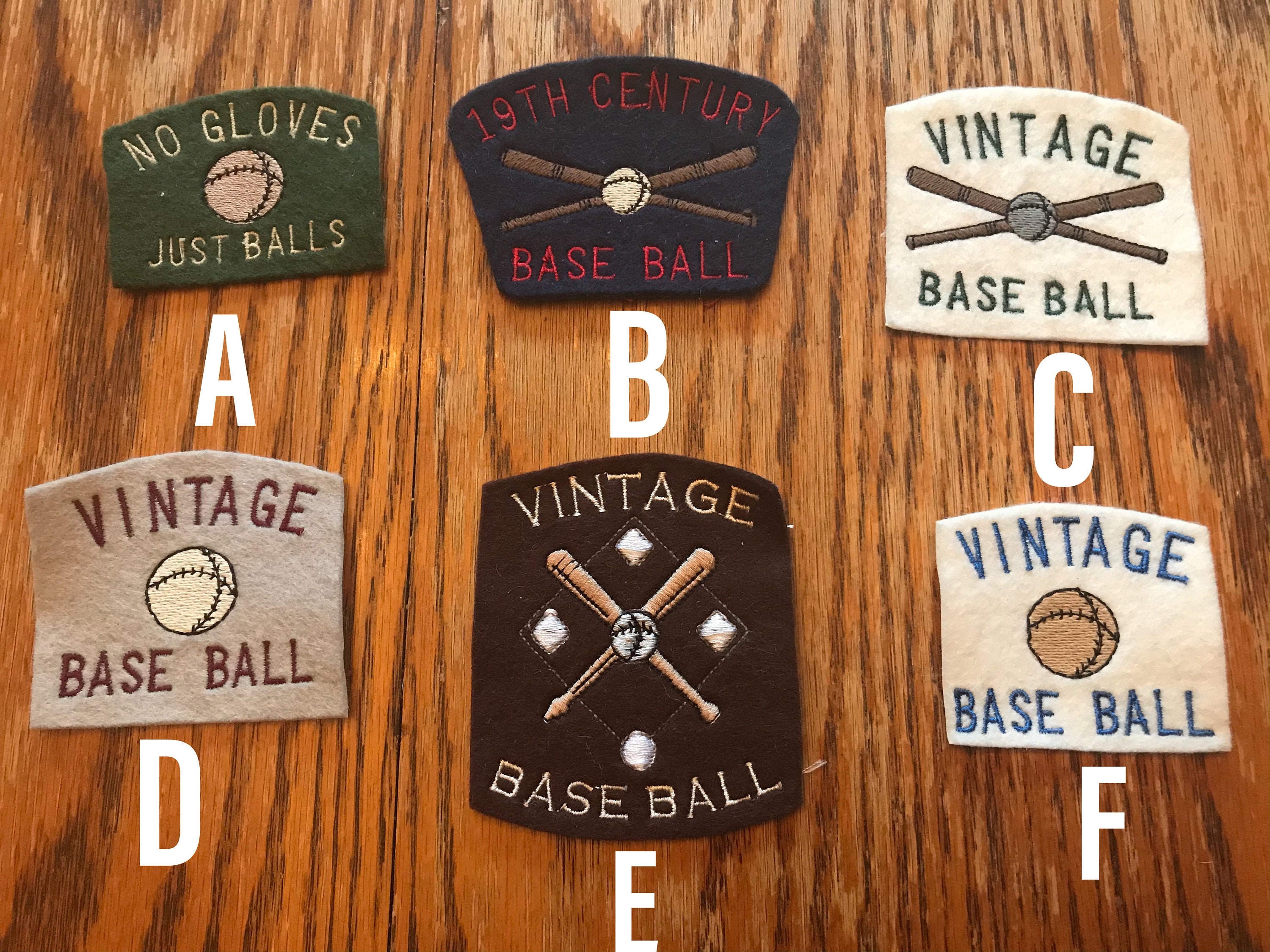 2.5 - 3 inch across wool felt embroidered patches. Vintage Base Ball themed.