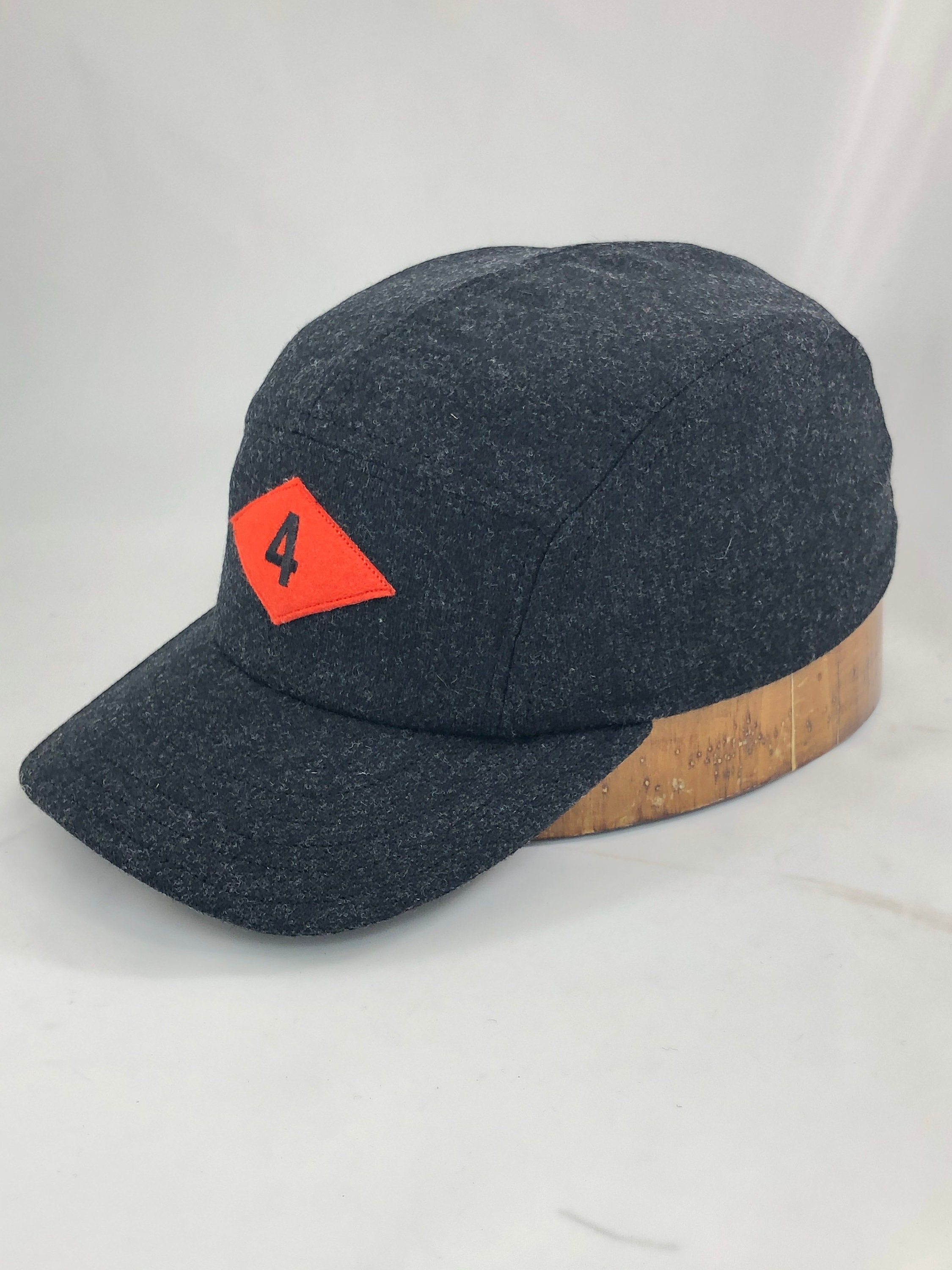Charcoal melton wool 5 panel cap with embroidery on wool Charcoal melton wool 5 panel cap with embroidery on wool