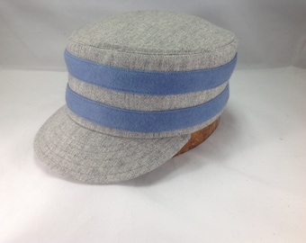 Providence Greys Vintage Base Ball team cap. Light Grey wool box cap with two light blue wool serge bands. Any size available.