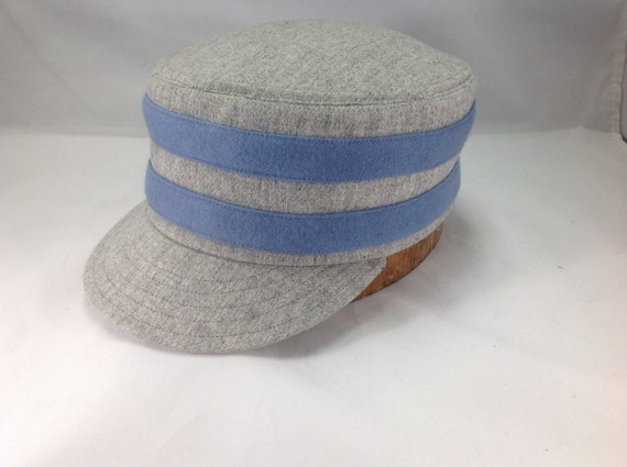 Providence Greys Vintage Base Ball team cap. Light Grey wool box cap with two light blue wool serge bands. Any size available.