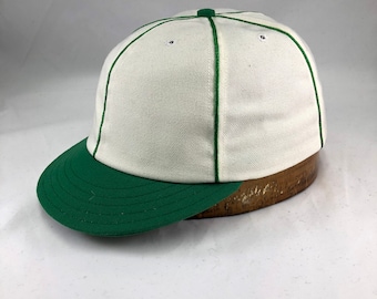 Crestline Highlanders Vintage Base Ball cap. Custom made 6 panel cap in white wool serge, Kelly green short visor, button and soutache