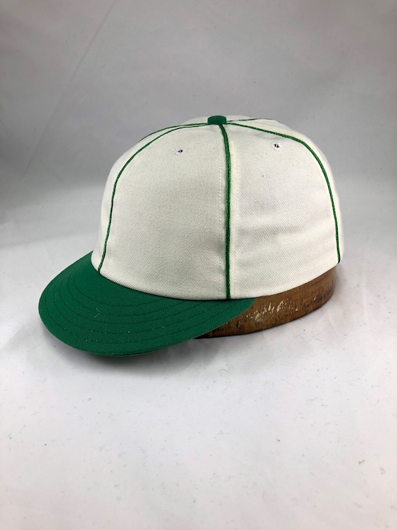 Crestline Highlanders Vintage Base Ball cap. Custom made 6 panel cap in white wool serge, Kelly green short visor, button and soutache