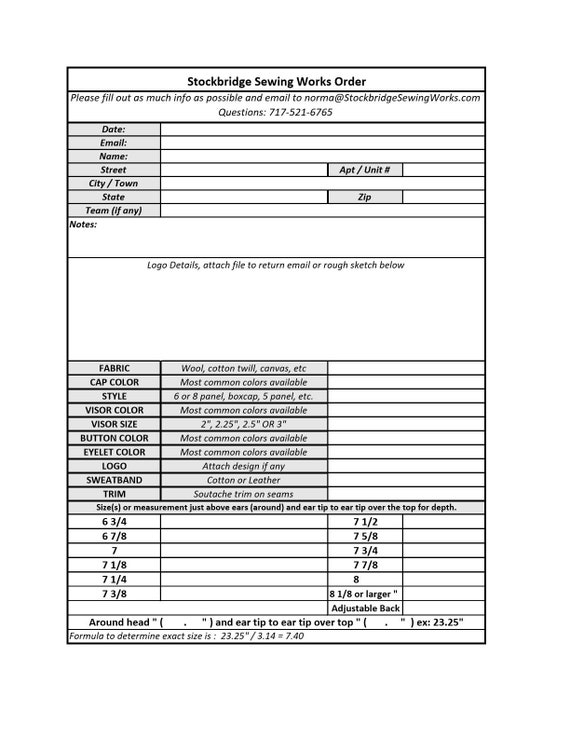 FREE TO PRINT Order Form for custom designed caps. Please read instruction below.