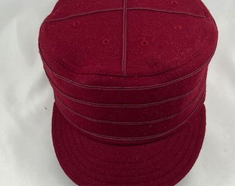 Pillbox cap in maroon melton wool, with Soutache trim, Select trim color and cap size when checking out.