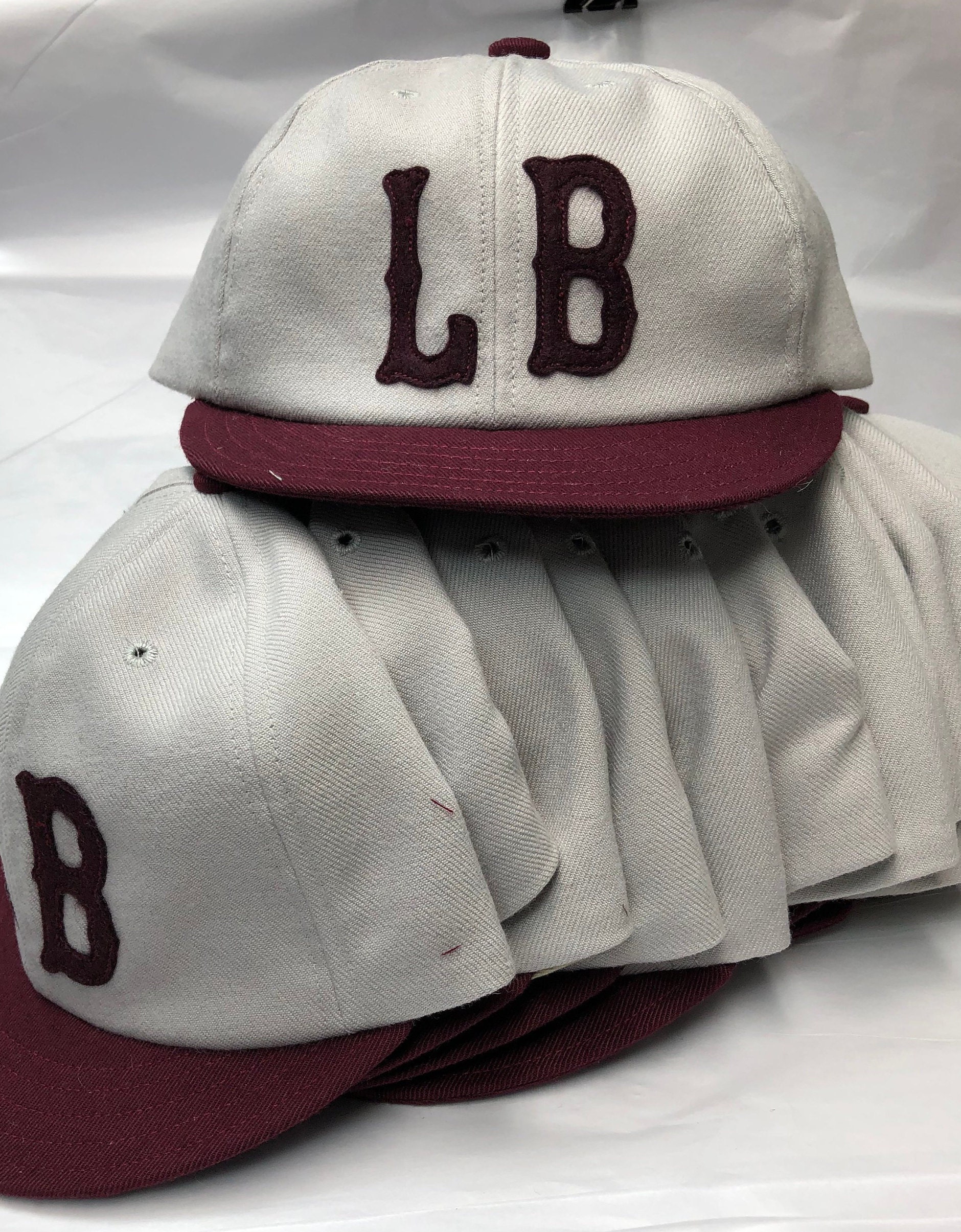 Long Beach Oilers Vintage Base Ball team cap. Light grey acrylic wool serge  6 panel cap, felt Tiffany style letters, Avaliable in any size.