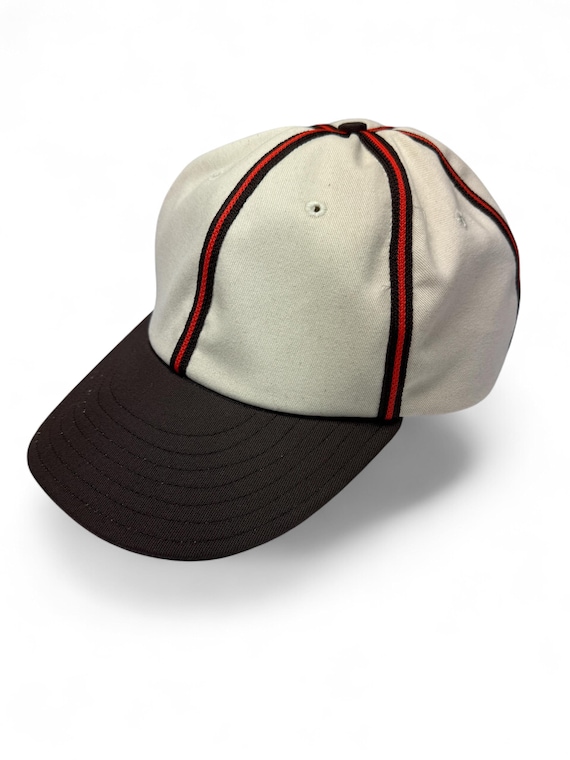 Ivory cotton twill 6 panel cap with brown visor, brown and orange braid trim. Any size, made to order.