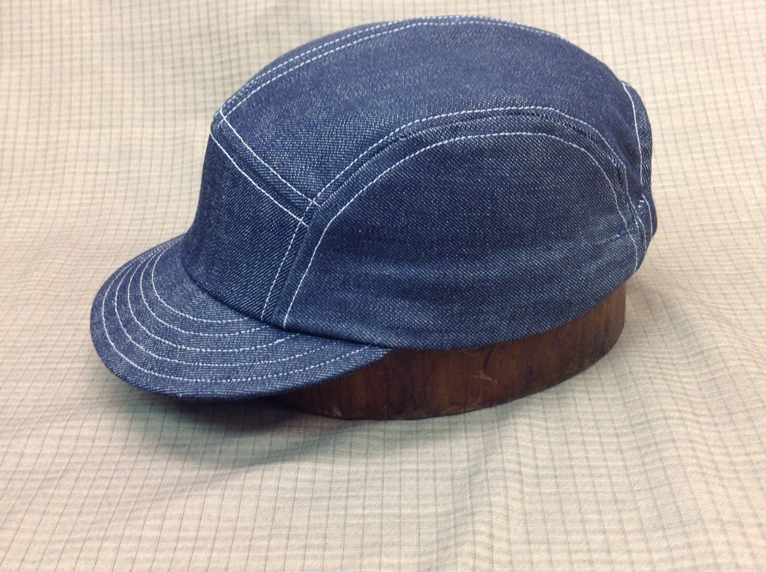 Denim 5 panel cap with short 19th century visor, adjustable or fitted ...