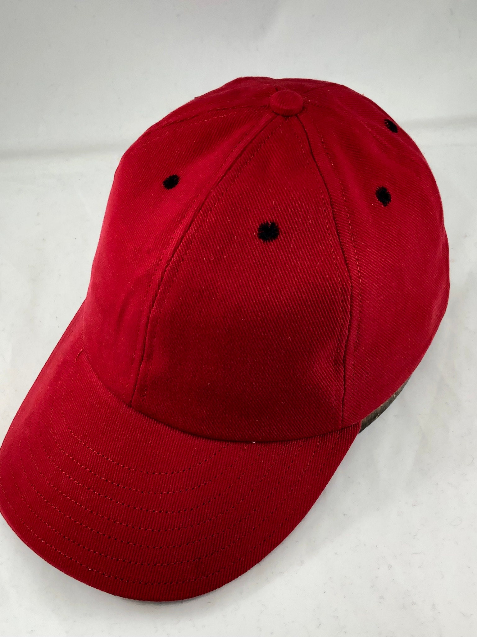 Red cotton twill 6 panel cap with black eyelets, 3 visor and cotton ...
