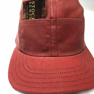 Nautical Red Waxed cotton 4 panel cap with front pockets. Fitted or adjustable, any size.