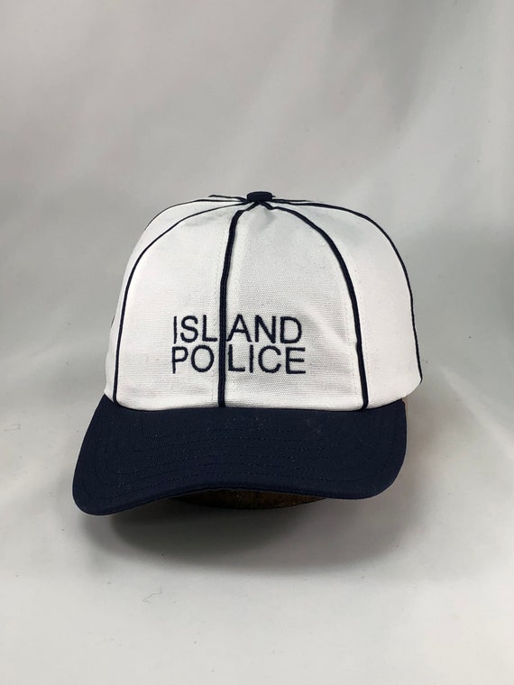 ISLAND POLICE 8 panel cap in brushed cotton, navy soutache on seams, 2.5" visor. ANY size, select at checkout.