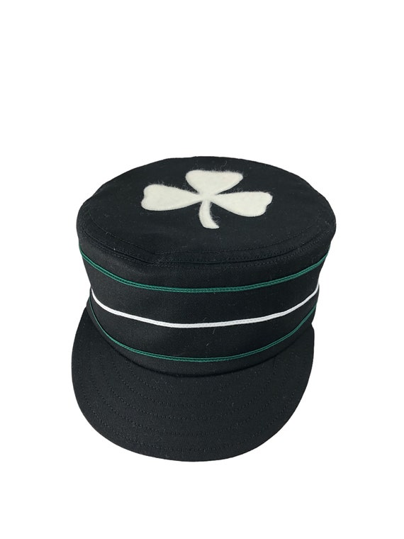 Whiskey Island Shamrocks Vintage Base Ball team cap. Black cotton canvas boxcap, Felt shamrock, green and white soutache, made to any size.