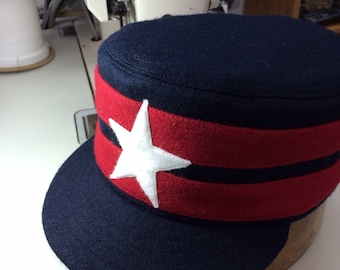 Knoxville Holstons vintage base ball team boxcap. Navy Melton wool, red  bands, white felt star. Cotton or leather sweatbands, any size.
