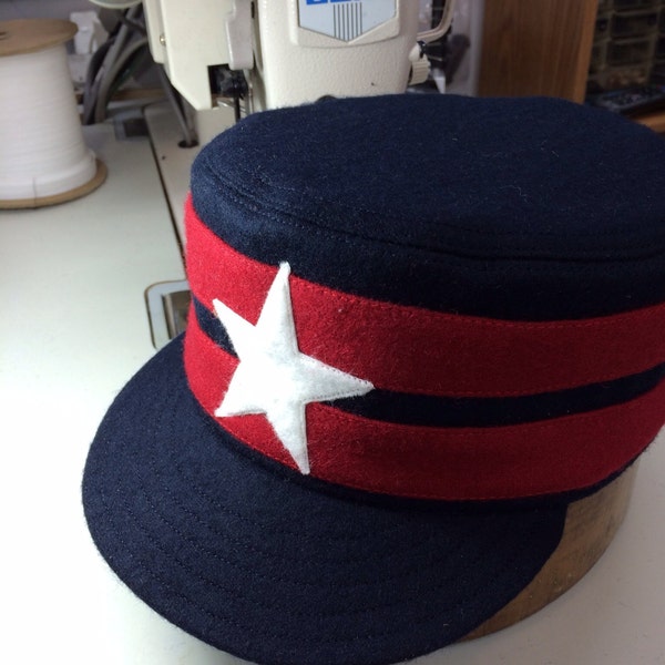 Knoxville Holstons vintage base ball team boxcap. Navy Melton wool, red  bands, white felt star. Cotton or leather sweatbands, any size.