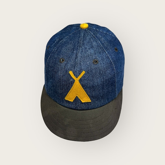 Old gold teepee logo in felt, on denim 6 panel cap with 2” brown visor and eyelets, Any cap size available, other visor sizes available!