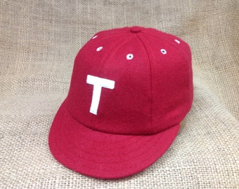 Any letter on a Red wool 8 panel cap, 1910 2&quot; visor,  Fitted to any size, any letter logo, cotton sweatband