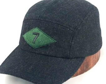 Charcoal melton wool  5 panel cap with embroidery on wool felt patch. Any felt color and number. Fitted to any size!