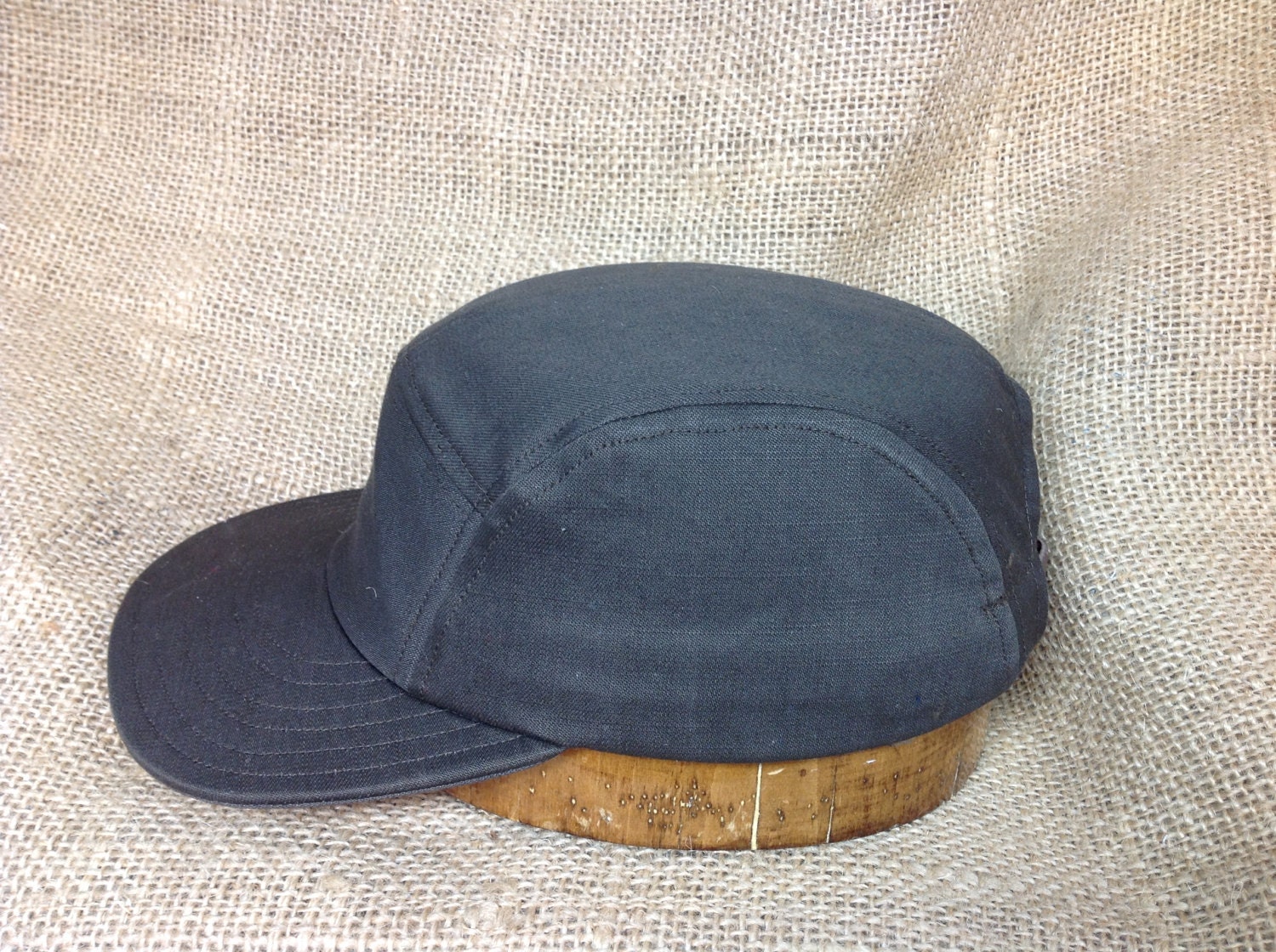 Dark twill 5 panel cap, cotton sweatband, adjustable with leather strap ...