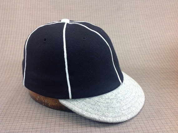 Soft 100% wool flannel 6 panel black cap with white soutache, vintage 1910s visor with cotton sweatband.