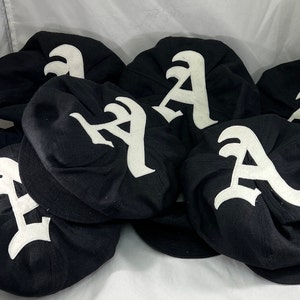 Akron Black Stockings Vintage Base Ball team cap. Black linen 8 panel baggy cap with wool felt old English A on top, fitted to any size.