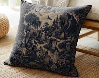Gothic Toile de Jouy Woven Pillow, Dark Academia Decor Throw Pillow, Haunted Cemetery Throw Pillow, Victorian Gothic Accent