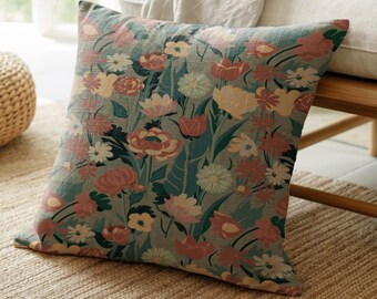 Floral woven throw pillow botanical garden decor vintage inspired accent cushion gift, pillows and throw blankets