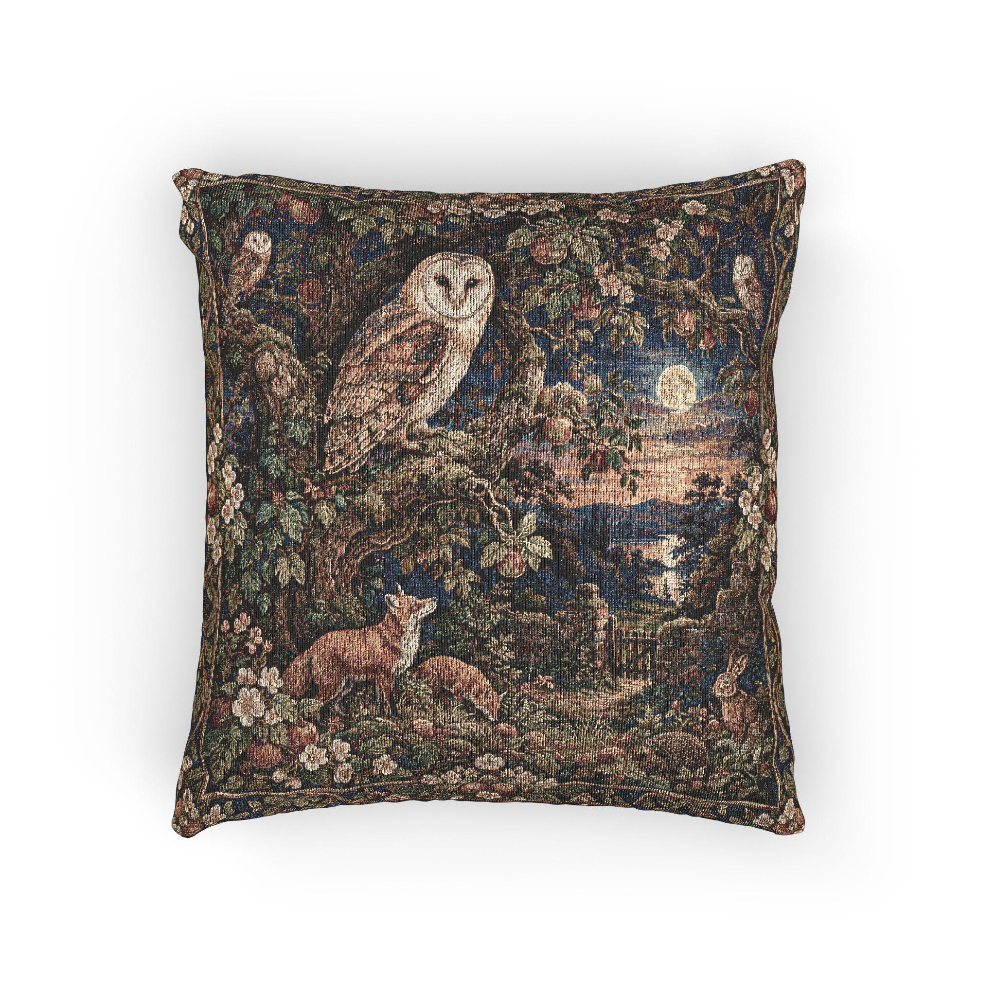 Woven Tapestry Pillow: Barn Owl Orchard, Dark Woodland Cottagecore Decor