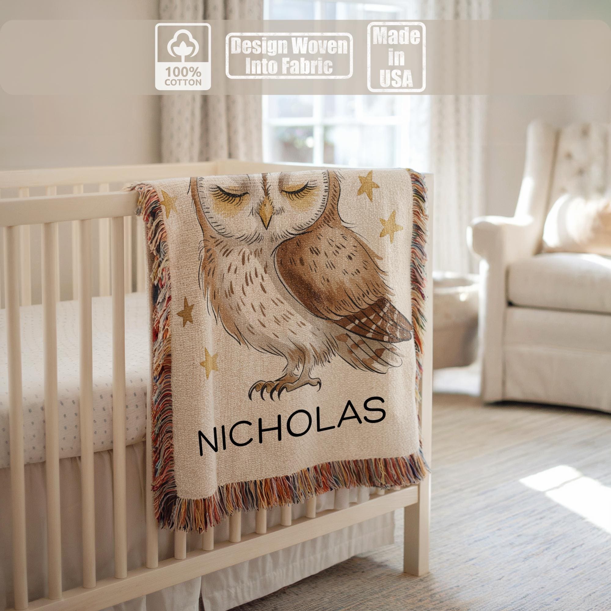 Personalized owl baby blanket, custom name woven blanket, woodland nursery gift, cute owl kids blank