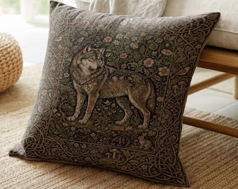 Cojín decorativo tejido con diseño de lobo ornamentado, cojín de estilo medieval boscoso, decoración fantástica para el hogar.