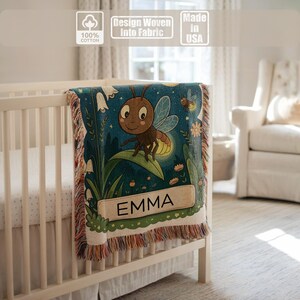 Manta de bebé personalizada con diseño de luciérnaga, manta infantil de jardín nocturno, regalo de recuerdo tejido con nombre personalizado, manta de seguridad.