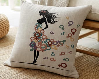 Feminist Symbol Woman Art Woven Throw Pillow for Modern Home Decor, empowerment statement pillows and throw blankets