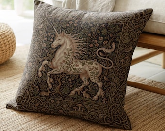 Ornate Unicorn Woven Throw Pillow, Medieval Fantasy Cushion, Woodland Home Decor