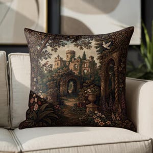 French Verdure Woven Pillow, Old Money Decor Throw Pillow, Moonlit Château Throw Pillow, Dark Academia Home Accent image 8