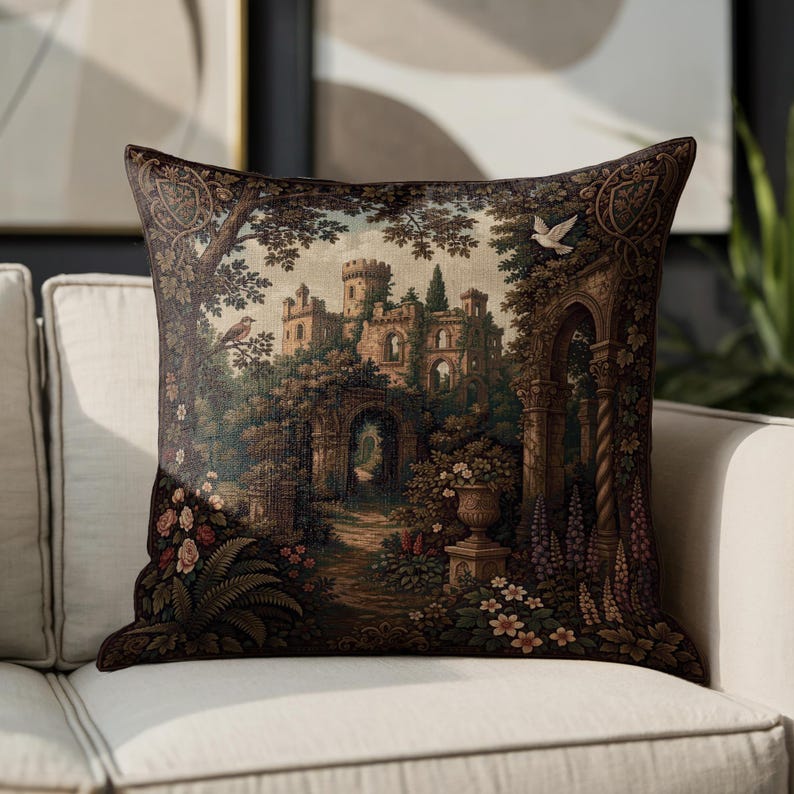 French Verdure Woven Pillow, Old Money Decor Throw Pillow, Moonlit Château Throw Pillow, Dark Academia Home Accent image 8