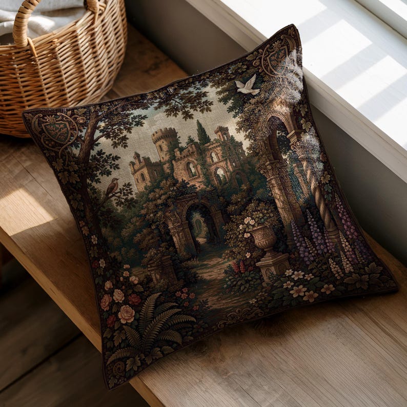 May include: A square throw pillow featuring a detailed woven tapestry design of a stone castle ruin surrounded by lush trees, flowering bushes, and a stone archway. The scene includes a small bird perched on a branch and a white dove in flight.