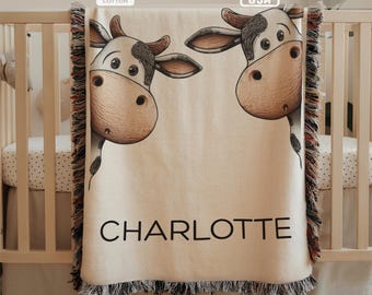 Personalized Cow Kids Woven Blanket, Animal Name Nursery Blanket, Farm Kids Room Decor, Custom Blanket Gift