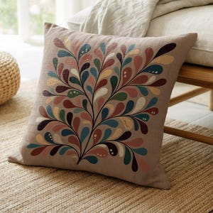 Colorful tree pattern throw pillow, abstract nature decor, folk style leaf cushion pillows and throw blankets